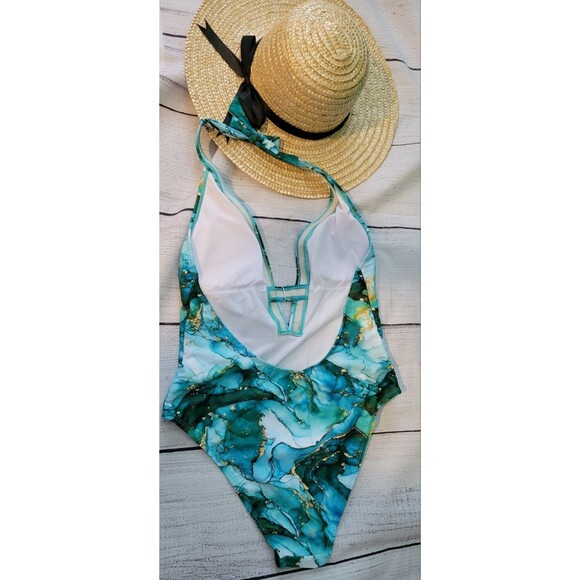 NWZLC Marble Print Halter V neck Gold Contrast Accent Size M - Picture 4 of 8